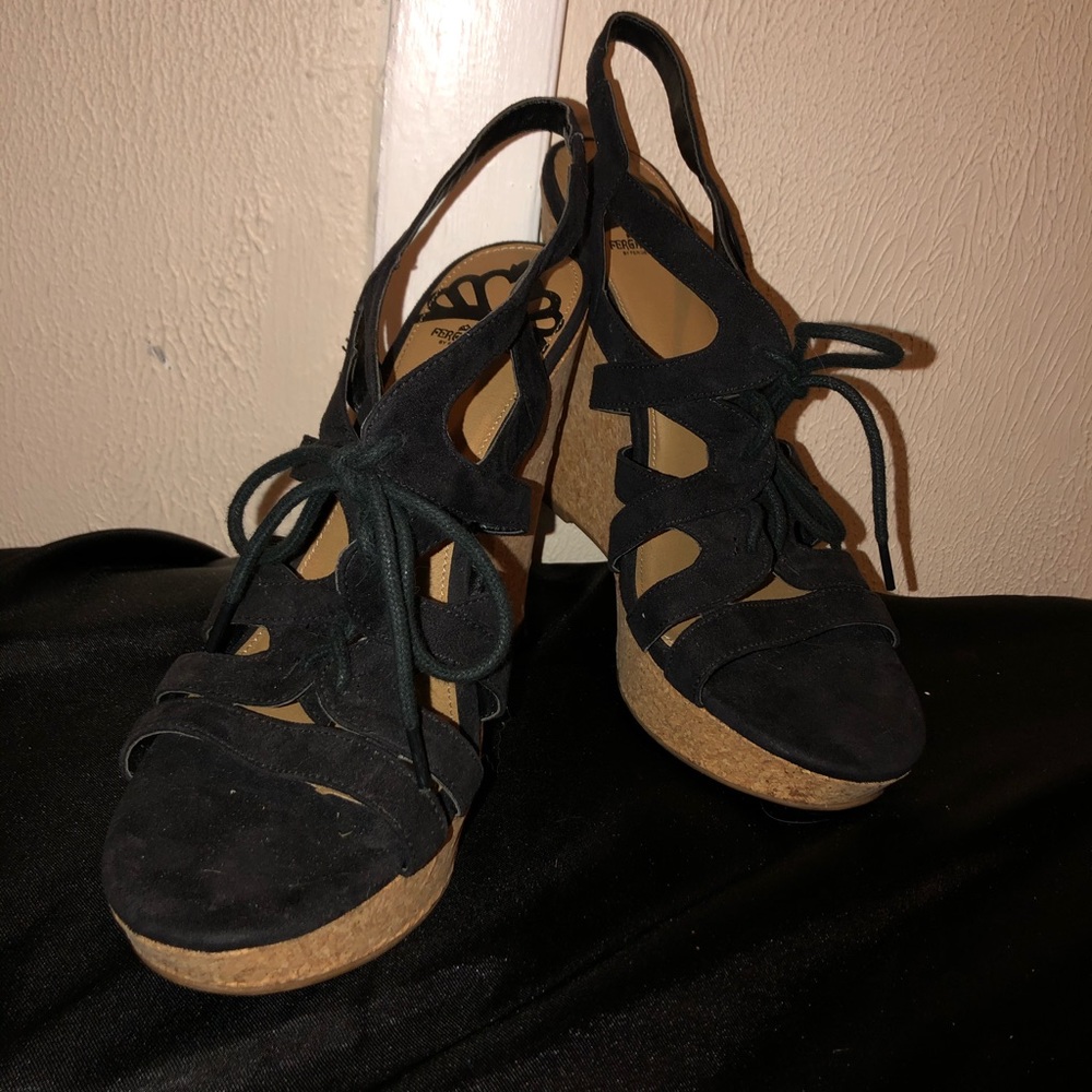 Women’s Fergalicious Black Lace Up Wedge Sandals